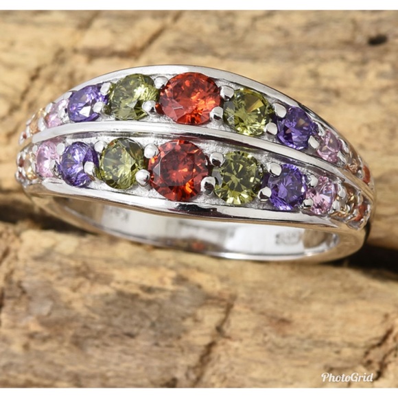 Sim Multi Color Diamond Ring Platinum Bond Brass - Picture 2 of 6